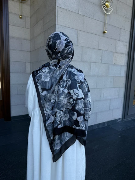 Pamuklu Mimoza Desen Şal- Sİyah/Beyaz - 5