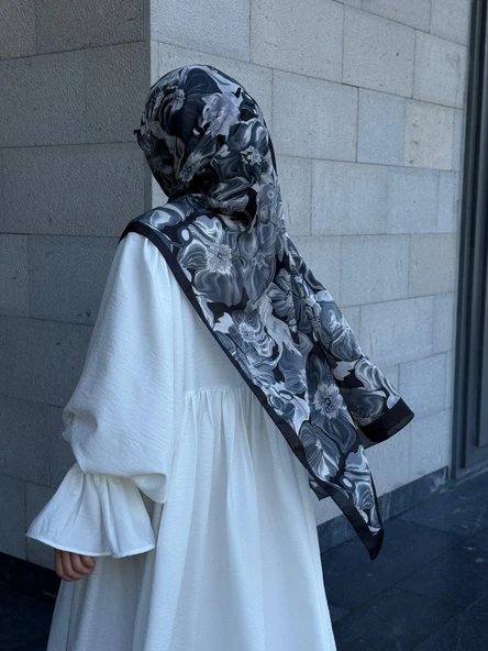 Pamuklu Mimoza Desen Şal- Sİyah/Beyaz