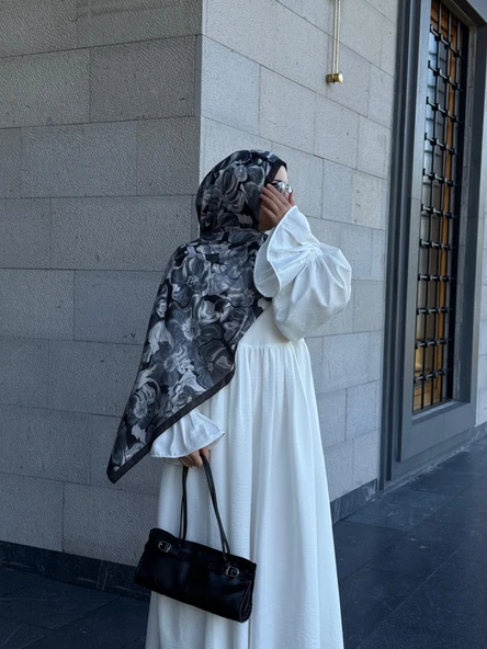 Pamuklu Mimoza Desen Şal- Sİyah/Beyaz - 4