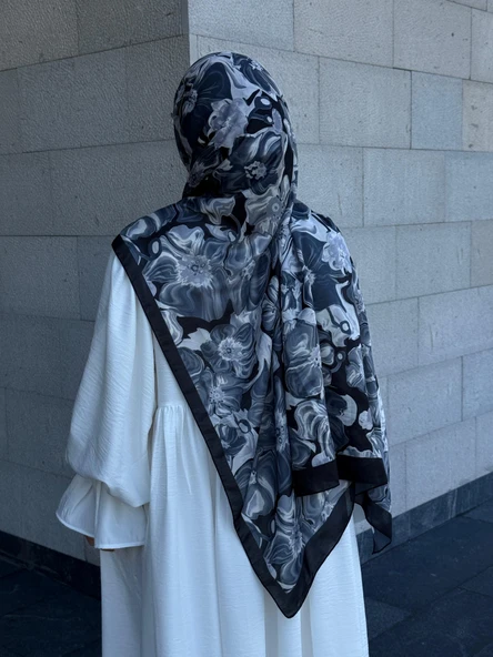 Pamuklu Mimoza Desen Şal- Sİyah/Beyaz - 2