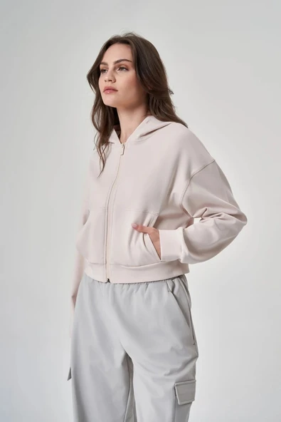 Exuma Kadın Fermuarlı Kum Rengi Sweatshirt 1529109-KUM - 4