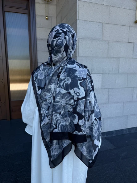 Pamuklu Mimoza Desen Şal- Sİyah/Beyaz - 3