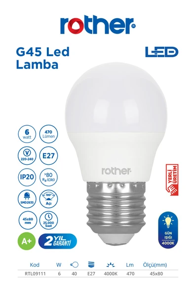 RTL09111 Rother G45 LED Ampul 6W E27 470 Lümen 4000K Gün Işığı - Enerji Tasarruflu Ampul - Resim 2