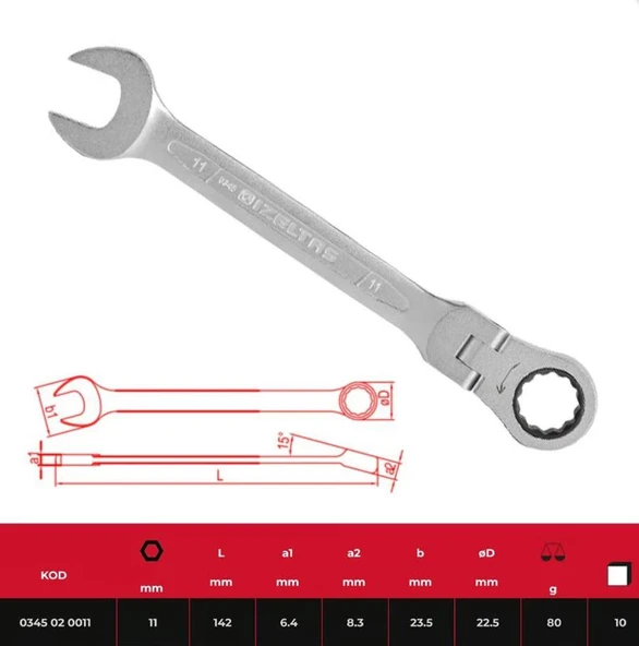 İzeltaş 11 mm Mafsallı Cırcır Kombine Anahtar - İzeltaş 0345020011 ürün görseli