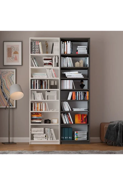 Asra Trend MDF Beyaz/Koyu Gri Kitaplık – Ayarlanabilir Raf, Ev&Ofis Modern Dekoratif Kitaplık, K-17 - Resim 4