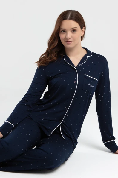 Pierre Cardin 8986 Kadın Lacivert Gömlek Yaka Önden Düğmeli Cepli Pijama Takım - 3