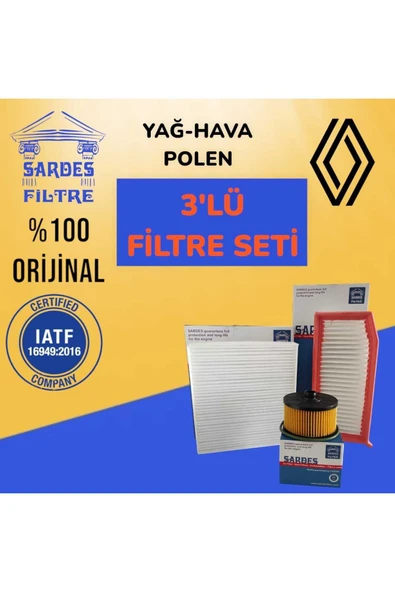 Sardes Renault Clio 4 (2011-2019) 0,9 Tce Benzin 66kw 90hp Yağ Hava Polen Filtre Bakım Seti ürün görseli
