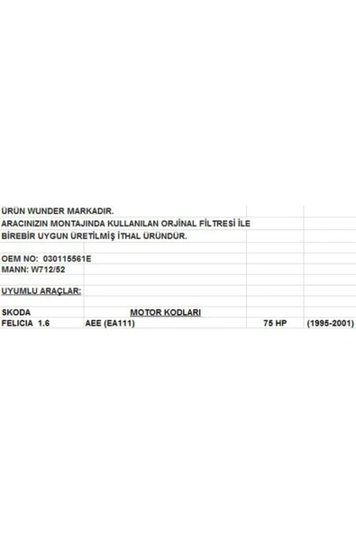 WUNDER Skoda Felicia 1.6 75 Hp Benzinli Yağ Filtresi 030115561e - 2