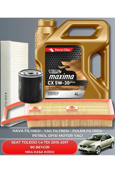 Petrol Ofisi SEAT TOLEDO 1.4 TDI 2015-2016-2017 90 BEYGİR FİLTRE - YAĞ BAKIM SETİ ürün görseli