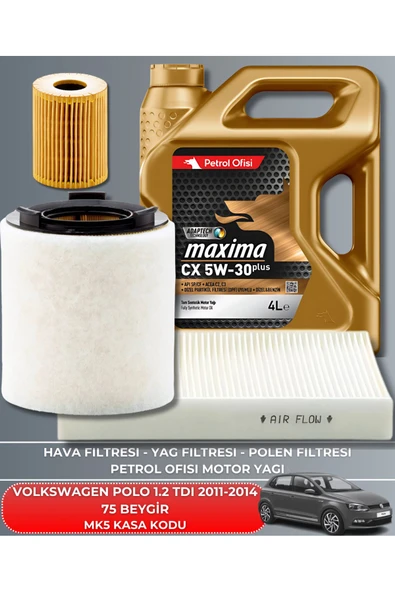 Petrol Ofisi VOLKSWAGEN POLO 1.2 TDI 2011-2012-2013-2014 75 BEYGİR FİLTRE - YAĞ BAKIM SETİ ürün görseli