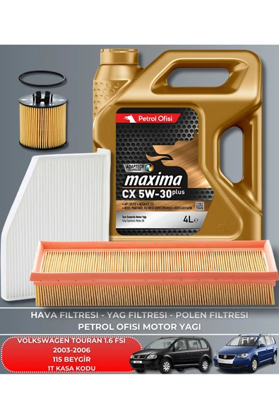 Petrol Ofisi VOLKSWAGEN TOURAN 1.6 FSI 2003-2004-2005-2006 115 BEYGİR FİLTRE - YAĞ BAKIM SETİ ürün görseli