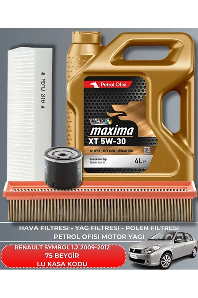 Petrol Ofisi RENAULT SYMBOL 1.2 2009-2010-2011-2012 75 BEYGİR FİLTRE - YAĞ BAKIM SETİ ürün görseli