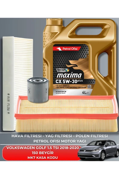 Petrol Ofisi VOLKSWAGEN GOLF 1.5 TSI 2018-2019-2020 150 BEYGİR FİLTRE - YAĞ BAKIM SETİ ürün görseli