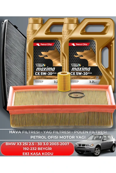 Petrol Ofisi BMW X3 25i 2.5 - 30 3.0 - 2003-2004-2005-2006-2007 192-232 BEYGİR FİLTRE - YAĞ BAKIM SETİ ürün görseli