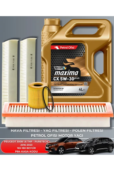 Petrol Ofisi PEUGEOT 3008 1.6 THP-PURETECH 2016-2017-2018-2019-2020-2021-2022-2023 165-180 FİLTRE YAG BAKIM SETİ ürün görseli