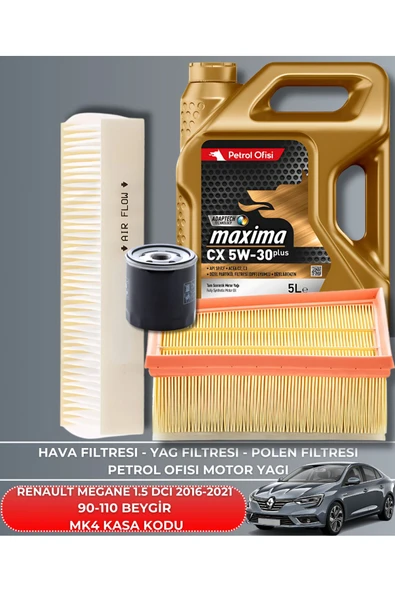 Petrol Ofisi RENAULT MEGANE 1.5 DCI 2016-2017-2018-2019-2020-2021 90-110 BEYGİR FİLTRE - YAĞ BAKIM SETİ ürün görseli