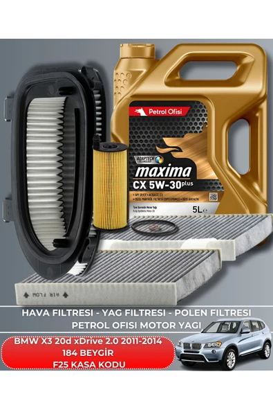 Petrol Ofisi BMW X3 20d xDrive 2.0 2011-2012-2013-2014 184 BEYGİR FİLTRE - YAĞ BAKIM SETİ ürün görseli