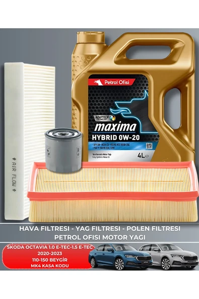 Petrol Ofisi SKODA OCTAVIA 1.0 E-TEC - 1.5 E-TEC 2020-2021-2022-2023 110-150 BEYGİR FİLTRE - YAĞ BAKIM SETİ ürün görseli