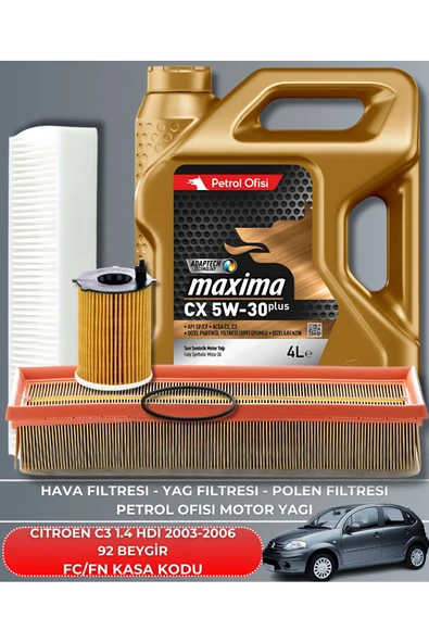 Petrol Ofisi CITROEN C3 1.4 HDI 2003-2004-2005-2006 92 BEYGİR FİLTRE - YAG BAKIM SETİ ürün görseli