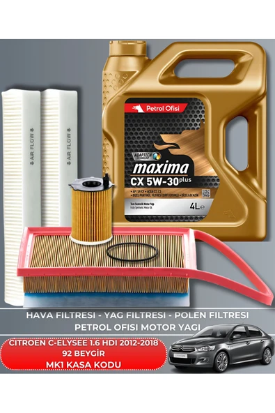 Petrol Ofisi CITROEN C-ELYSEE 1.6 HDI 2012-2013-2014-2015-2016-2017-2018 92 BEYGİR FİLTRE - YAG BAKIM SETİ ürün görseli