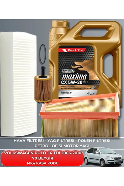 Petrol Ofisi VOLKSWAGEN POLO 1.4 TDI 2006-2007-2008-2009-2010 70 BEYGİR FİLTRE - YAĞ BAKIM SETİ ürün görseli