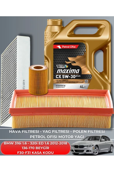 Petrol Ofisi BMW 316i 1.6 - 320i ED 2012-2013-2014-2015-2016-2017-2018 136-170 BEYGİR FİLTRE - YAĞ BAKIM SETİ ürün görseli