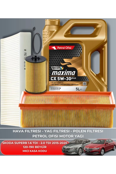 Petrol Ofisi SKODA SUPERB 1.6 TDI - 2.0 TDI 2015-2016-2017-2018-2019-2020 120-190 BEYGİR FİLTRE - YAĞ BAKIM SETİ ürün görseli