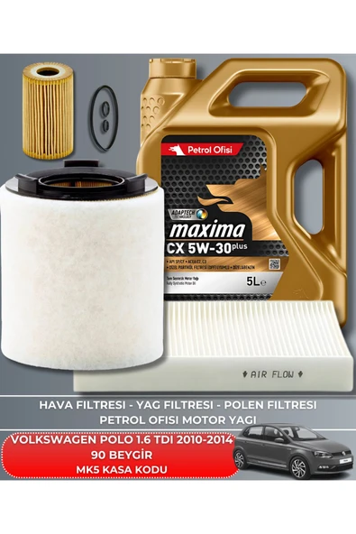 Petrol Ofisi VOLKSWAGEN POLO 1.6 TDI 2010-2011-2012-2013-2014 90 BEYGİR FİLTRE - YAĞ BAKIM SETİ ürün görseli