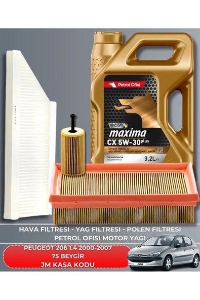Petrol Ofisi PEUGEOT 206 1.4 2000-2001-2002-2003-2004-2005-2006-2007 75 BEYGİR FİLTRE - YAG BAKIM SETİ ürün görseli