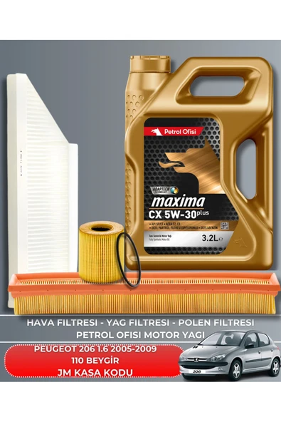Petrol Ofisi PEUGEOT 206 1.6 2005-2006-2007-2008-2009 110 BEYGİR FİLTRE - YAG BAKIM SETİ ürün görseli