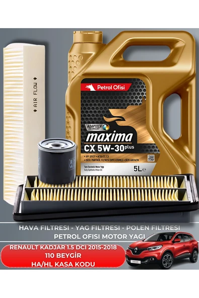 Petrol Ofisi RENAULT KADJAR 1.5 DCI 2015-2016-2017-2018 110 BEYGİR FİLTRE - YAĞ BAKIM SETİ ürün görseli