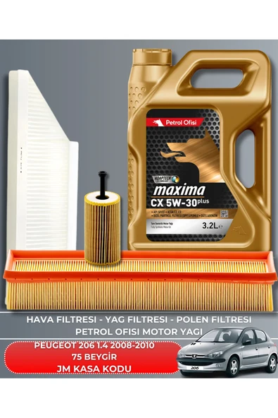 Petrol Ofisi PEUGEOT 206 1.4 2008-2009-2010 75 BEYGİR FİLTRE - YAG BAKIM SETİ ürün görseli
