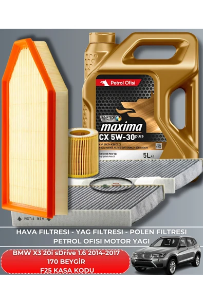 Petrol Ofisi BMW X3 20i sDrive 1.6 2014-2015-2016-2017 170 BEYGİR FİLTRE - YAĞ BAKIM SETİ ürün görseli