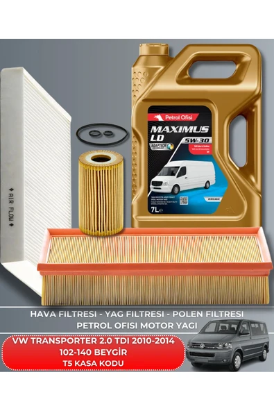 Petrol Ofisi VOLKSWAGEN TRANSPORTER 2.0 TDI 2010-2011-2012-2013-2014 102-140 BEYGİR FİLTRE - YAĞ BAKIM SETİ ürün görseli