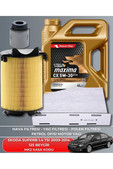 Petrol Ofisi SKODA SUPERB 1.4 TSI 2009-2010-2011-2012-2013-2014 125 BEYGİR FİLTRE - YAĞ BAKIM SETİ