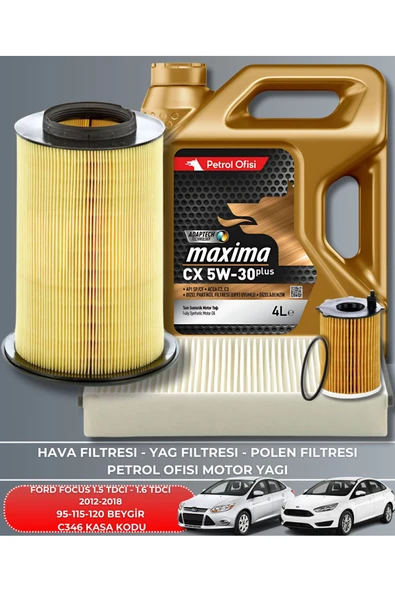 Petrol Ofisi FORD FOCUS 1.5 TDCI - 1.6 TDCI 2012-2013-2014-2015-2016-2017-2018 95-115-120 FİLTRE YAĞ BAKIM SETİ ürün görseli