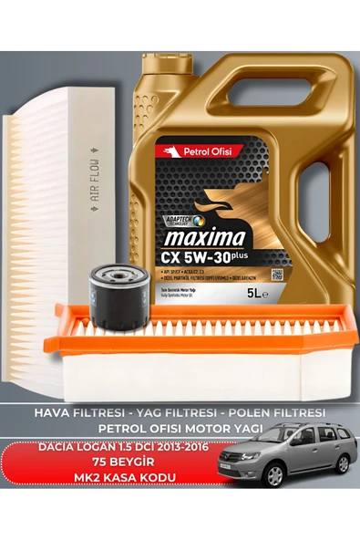 Petrol Ofisi DACİA LOGAN 1.5 DCI 2013-2014-2015-2016 75 BEYGİR FİLTRE - YAĞ BAKIM SETİ ürün görseli