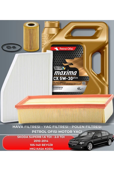 Petrol Ofisi SKODA SUPERB 1.6 TDI - 2.0 TDI 2010-2011-2012-2013-2014 105-140 BEYGİR FİLTRE - YAĞ BAKIM SETİ ürün görseli