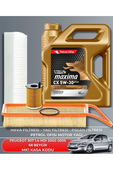 PEUGEOT 307 1.4 HDI 2002-2005 68 BEYGİR FİLTRE -ELF 5LT 5W30 2025 YAG BAKIM SETİ ürün görseli