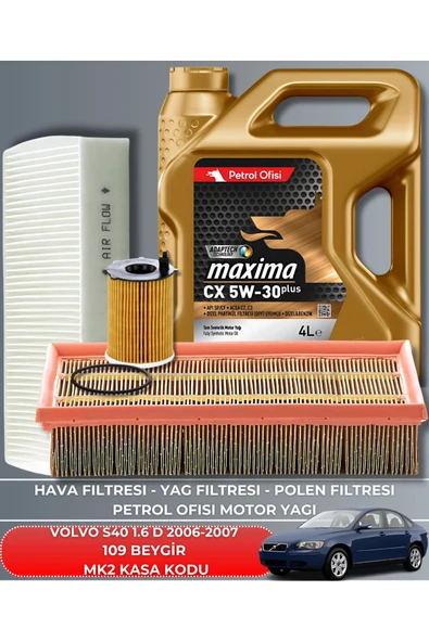 Petrol Ofisi VOLVO S40 1.6 D 2006-2007 109 BEYGİR FİLTRE - YAĞ BAKIM SETİ ürün görseli