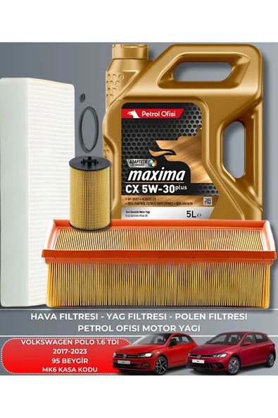 Petrol Ofisi VOLKSWAGEN POLO 1.6 TDI 2017-2018-2019-2020-2021-2022-2023 95 BEYGİR FİLTRE - YAĞ BAKIM SETİ ürün görseli