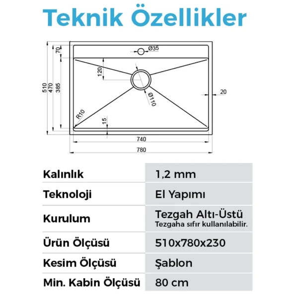 Crauf Poli 6303 PVD Inox Tek Gözlü 51x78 cm Paslanmaz Çelik Mutfak Eviyesi - 2