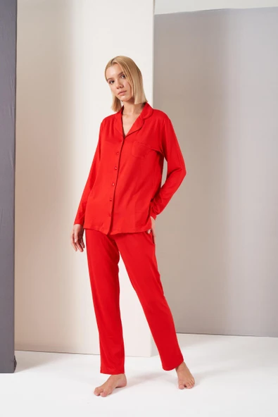 Pjs Kadın Gömlek Yaka Önden Düğmeli Uzun Kollu Pijama Takım