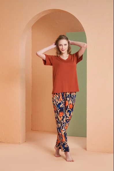 Pjs Kadın Kiremit Desenli V Yaka Kısa Kollu Pijama Takım ürün görseli 1