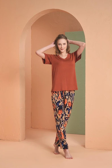 Pjs Kadın Kiremit Desenli V Yaka Kısa Kollu Pijama Takım - Resim 2