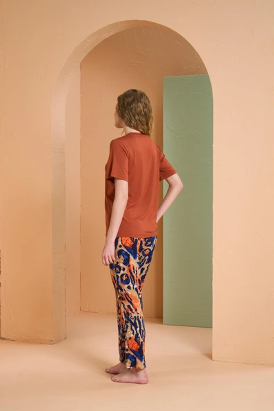 Pjs Kadın Kiremit Desenli V Yaka Kısa Kollu Pijama Takım - Resim 4