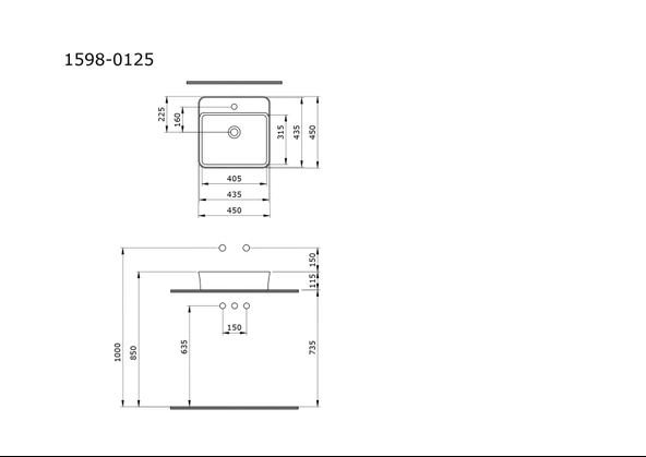 BOCCHI Sottile Slim Line Mat Gri Kare Lavabo – 45x45 cm, Tezgah Üstü, Tek Delikli - 2