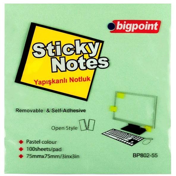 Bigpoint Yapışkanlı Not Kağıdı 75x75 Yesil BP802-55-12-PKT