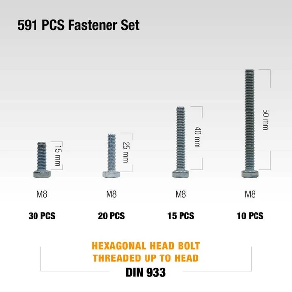 Civtec 591 Parça 20 Çeşit 8.8 Çelik Civata - Somun - Pul Seti TK-19 - Resim 7