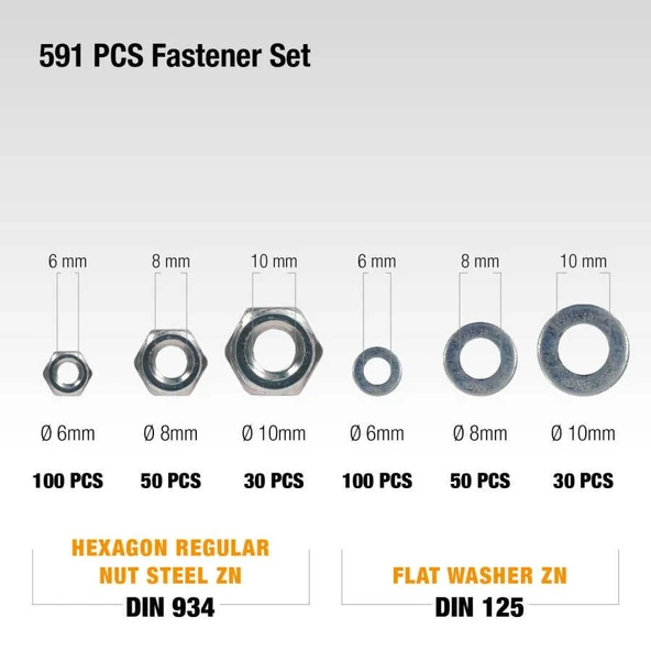 Civtec 591 Parça 20 Çeşit 8.8 Çelik Civata - Somun - Pul Seti TK-19 - Resim 5